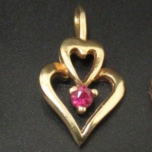 14k red ruby pendant, solid 14 karat yellow gold double heart necklace pendant